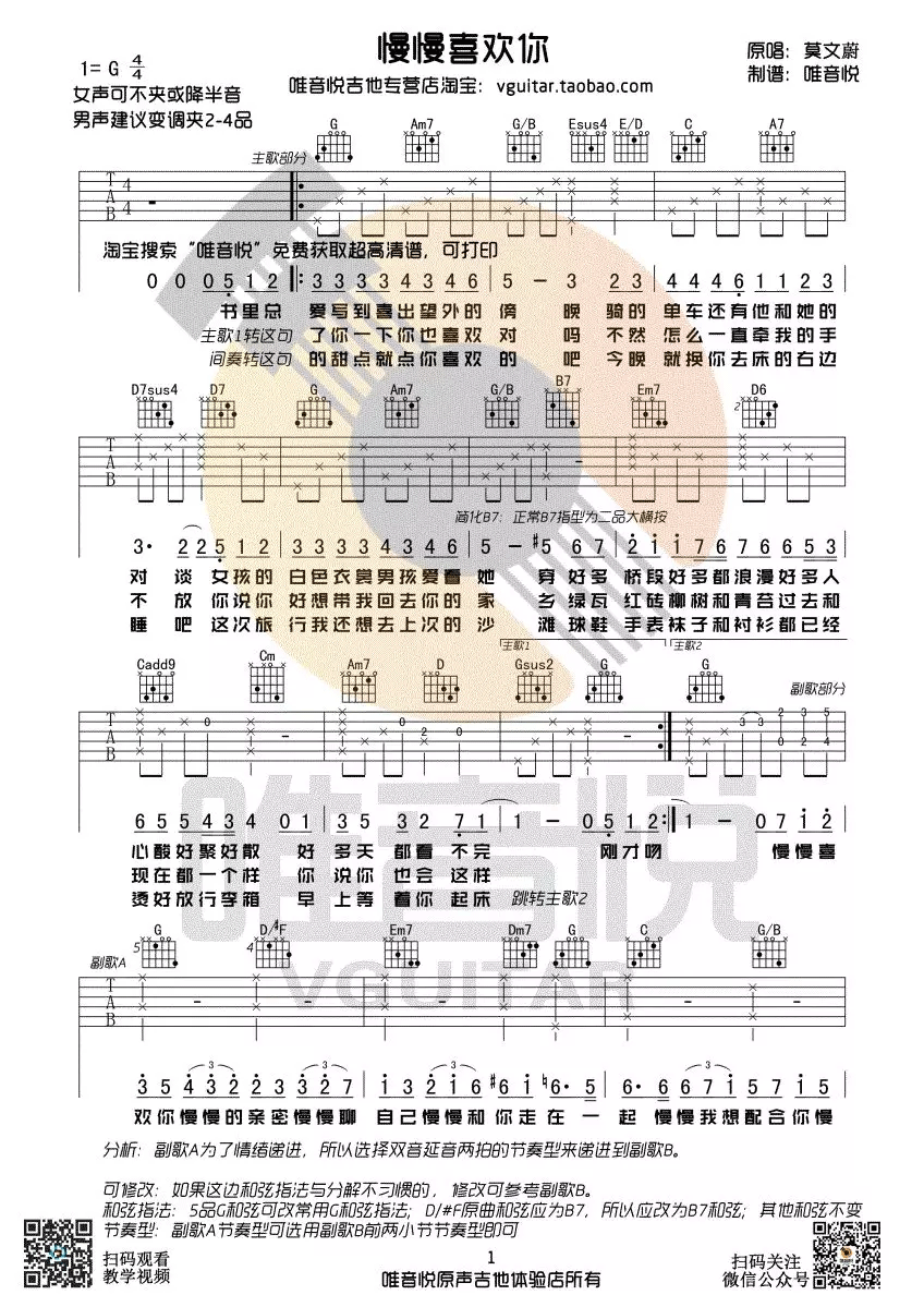 慢慢喜欢你吉他谱预览图