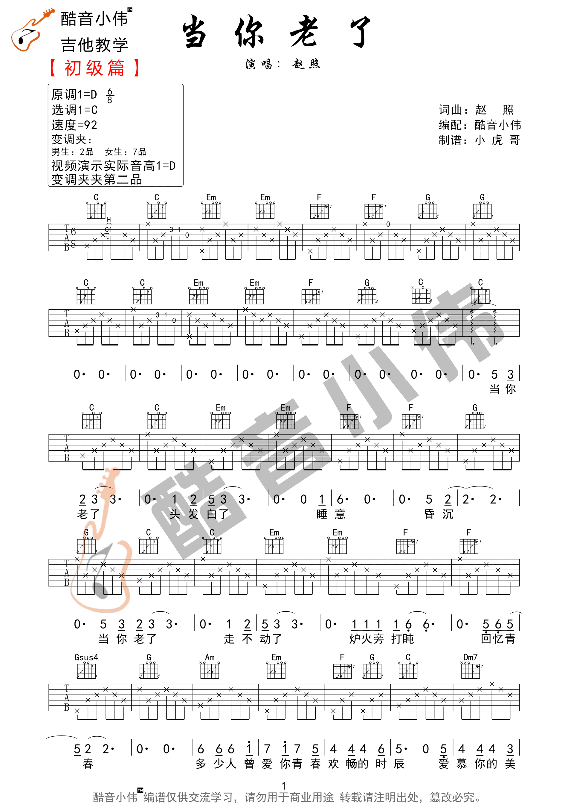 当你老了吉他谱预览图