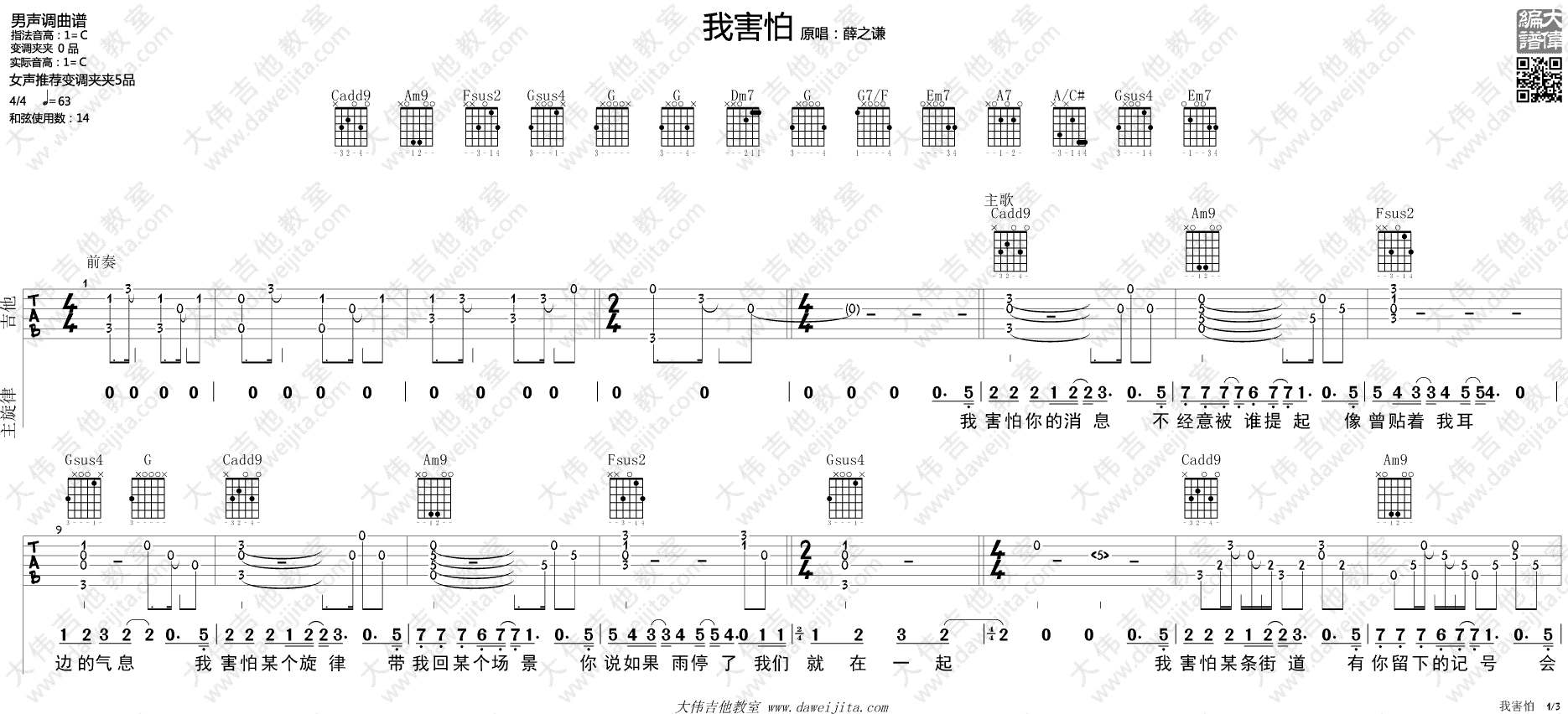 我害怕吉他谱预览图
