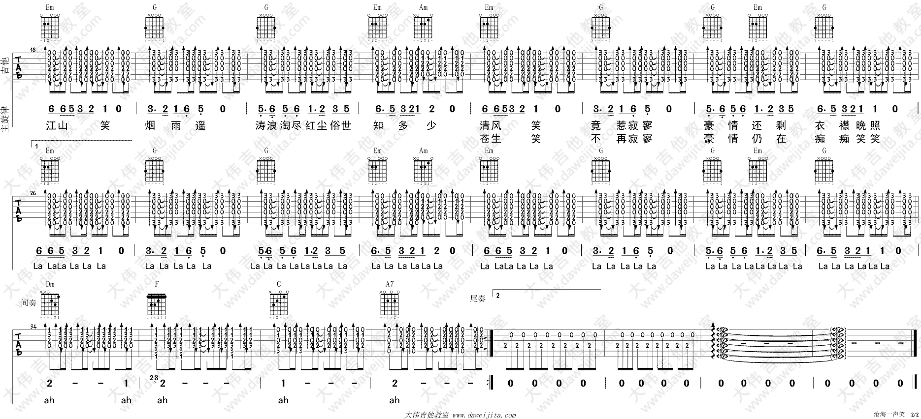 沧海一声笑吉他谱预览图
