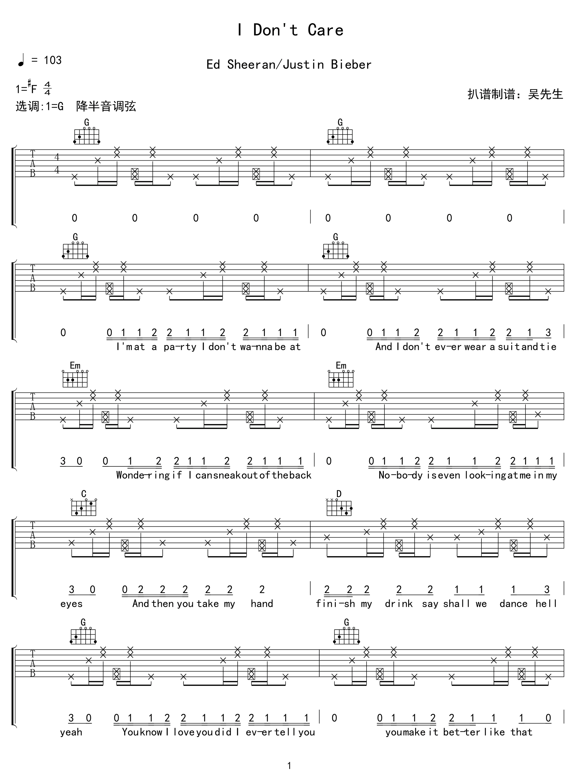 I-Don't-Care吉他谱预览图