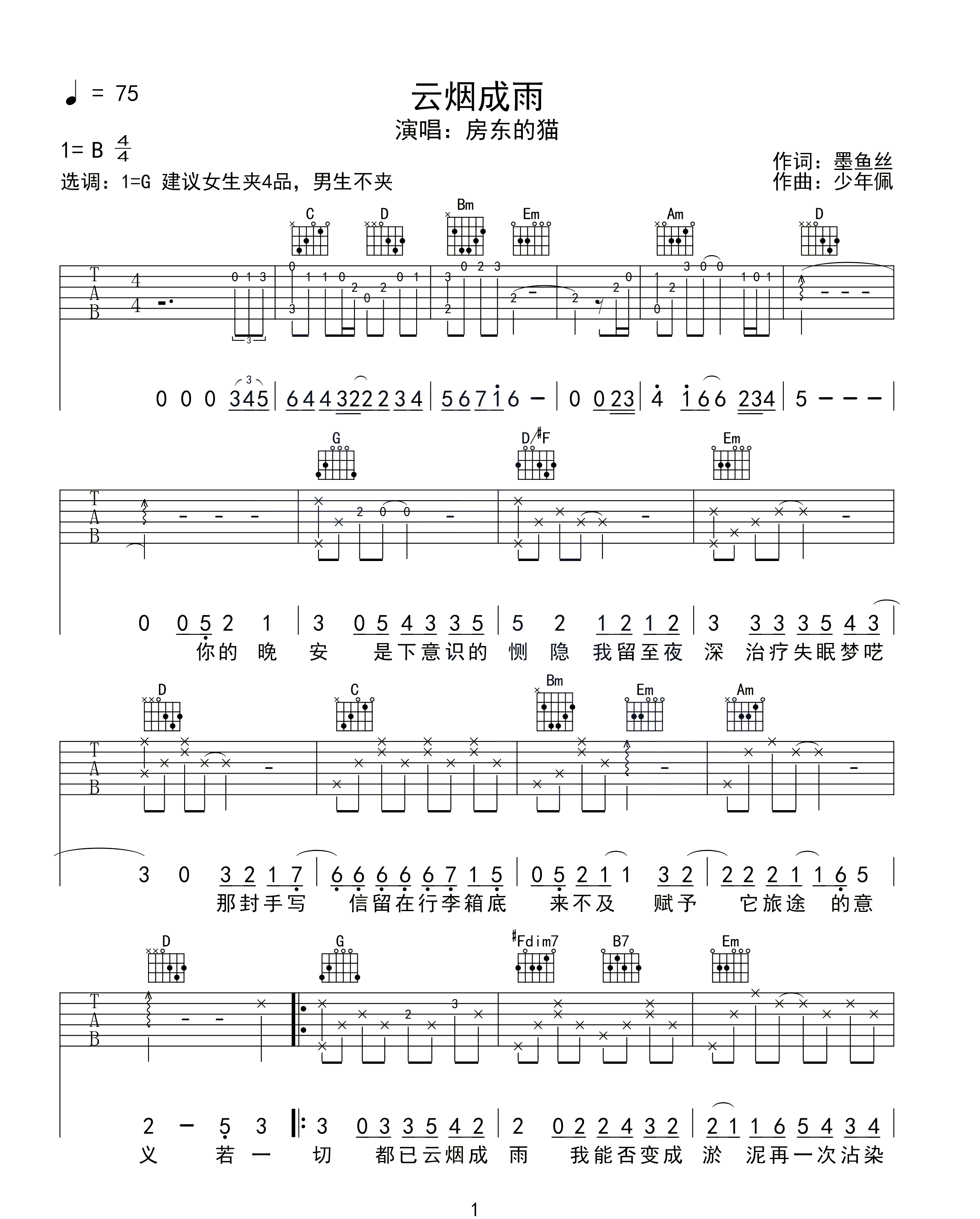 云烟成雨吉他谱预览图